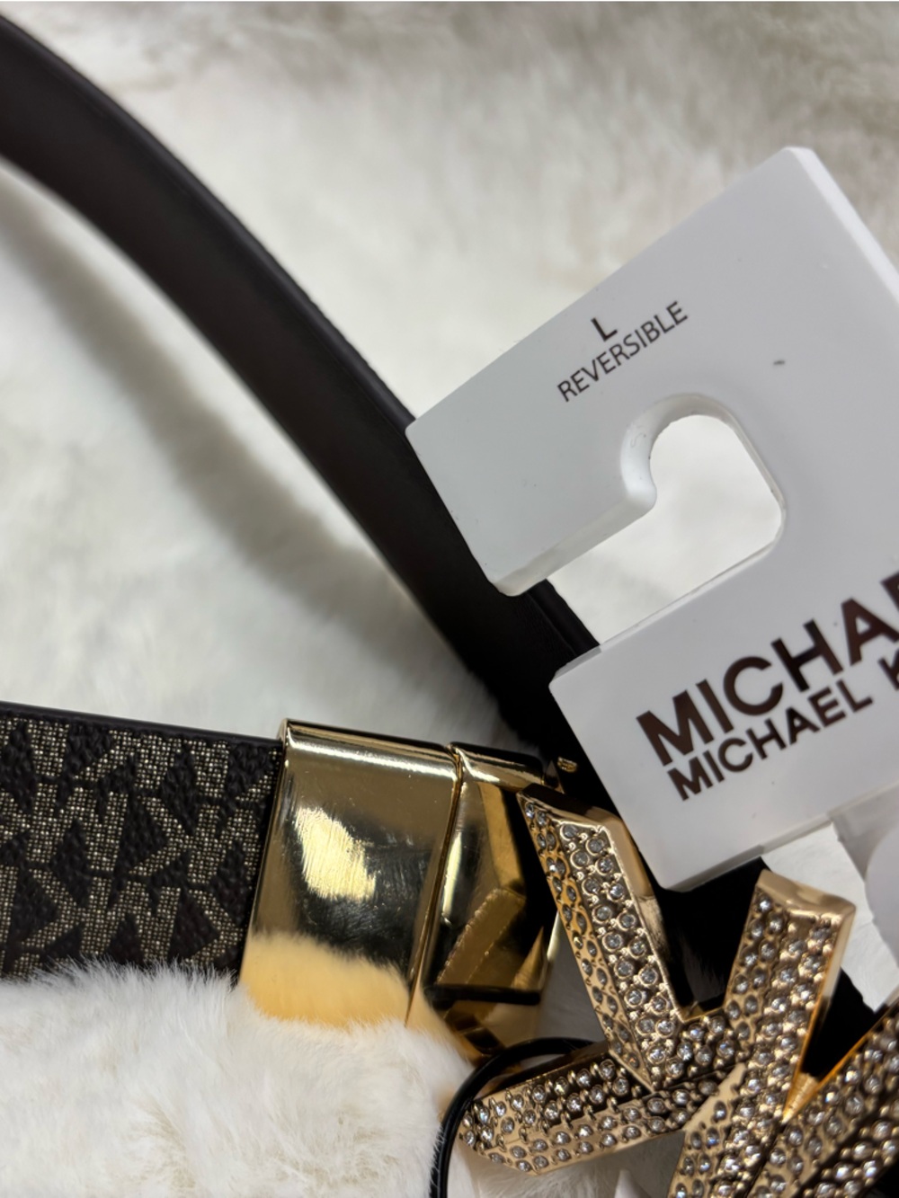 Michael Kors Reversible Monogram Belt with Gold MK Crystal Buckle - Picture 6 of 16